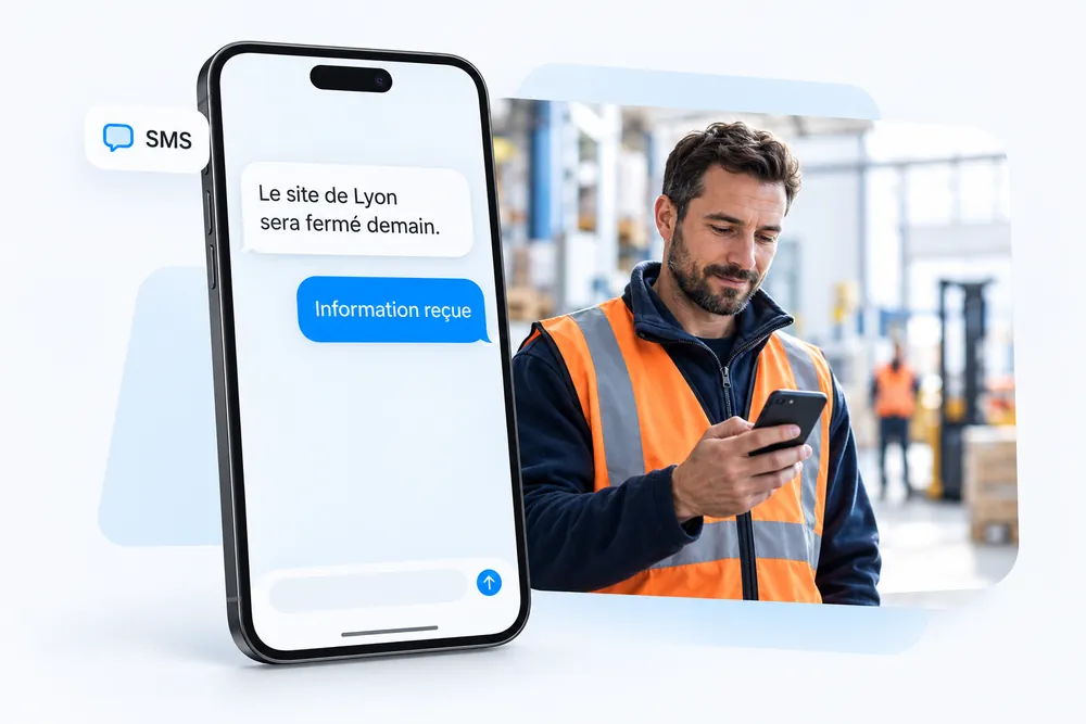 Collaborateur terrain recevant un SMS de fermeture de site
